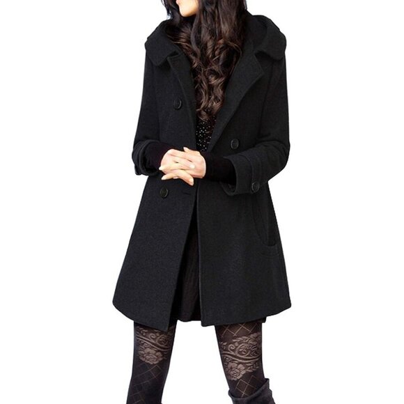 ✨ Tanming Jacket Women Black Warm Double Breasted Wool Pea Trench Coat Hood - Picture 1 of 9